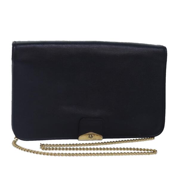 DIOR Chain Shoulder Bag Leather Navy Gold - Picture 1 of 12